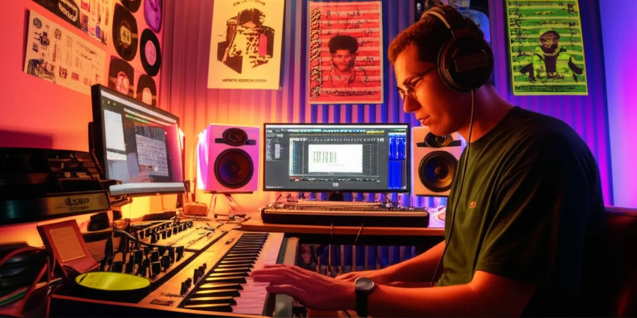 Produtor de funk iniciante trabalhando em estúdio caseiro colorido, focado na produção de beats.