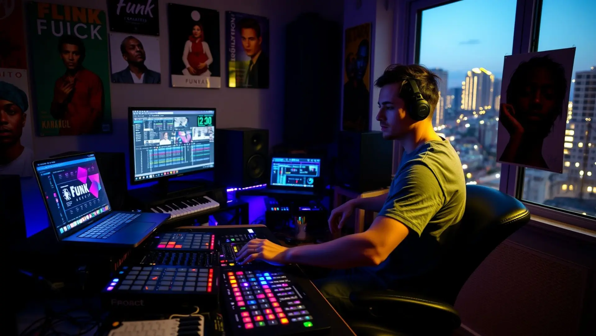 Produtor de funk jovem trabalhando em um estúdio moderno com equipamentos de produção musical, beats e iluminação colorida.